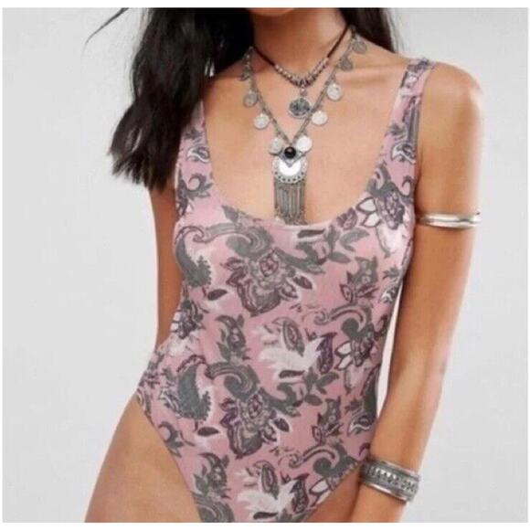 Intimately Free People Top XS Pink Freesia Paisley Mesh Bodysuit Coquette - Picture 3 of 13